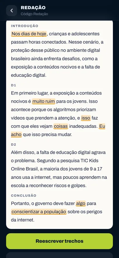 App de Treino: alertas marcados no texto