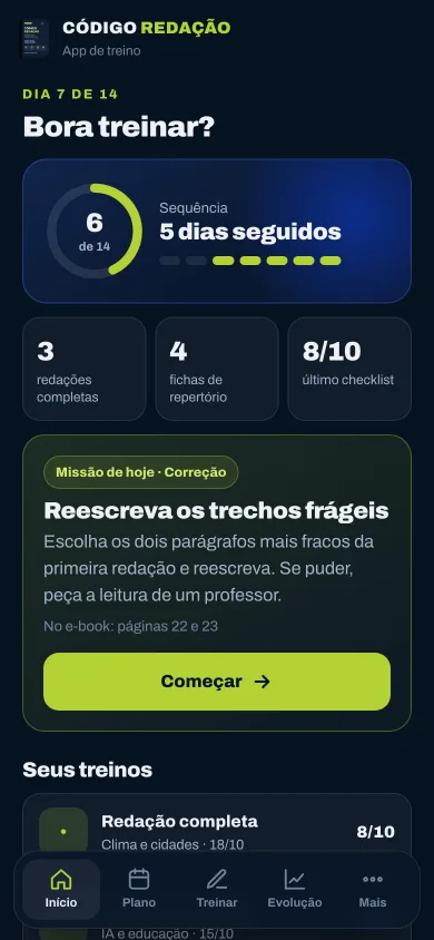 App de Treino: missão do dia e progresso dos 14 dias